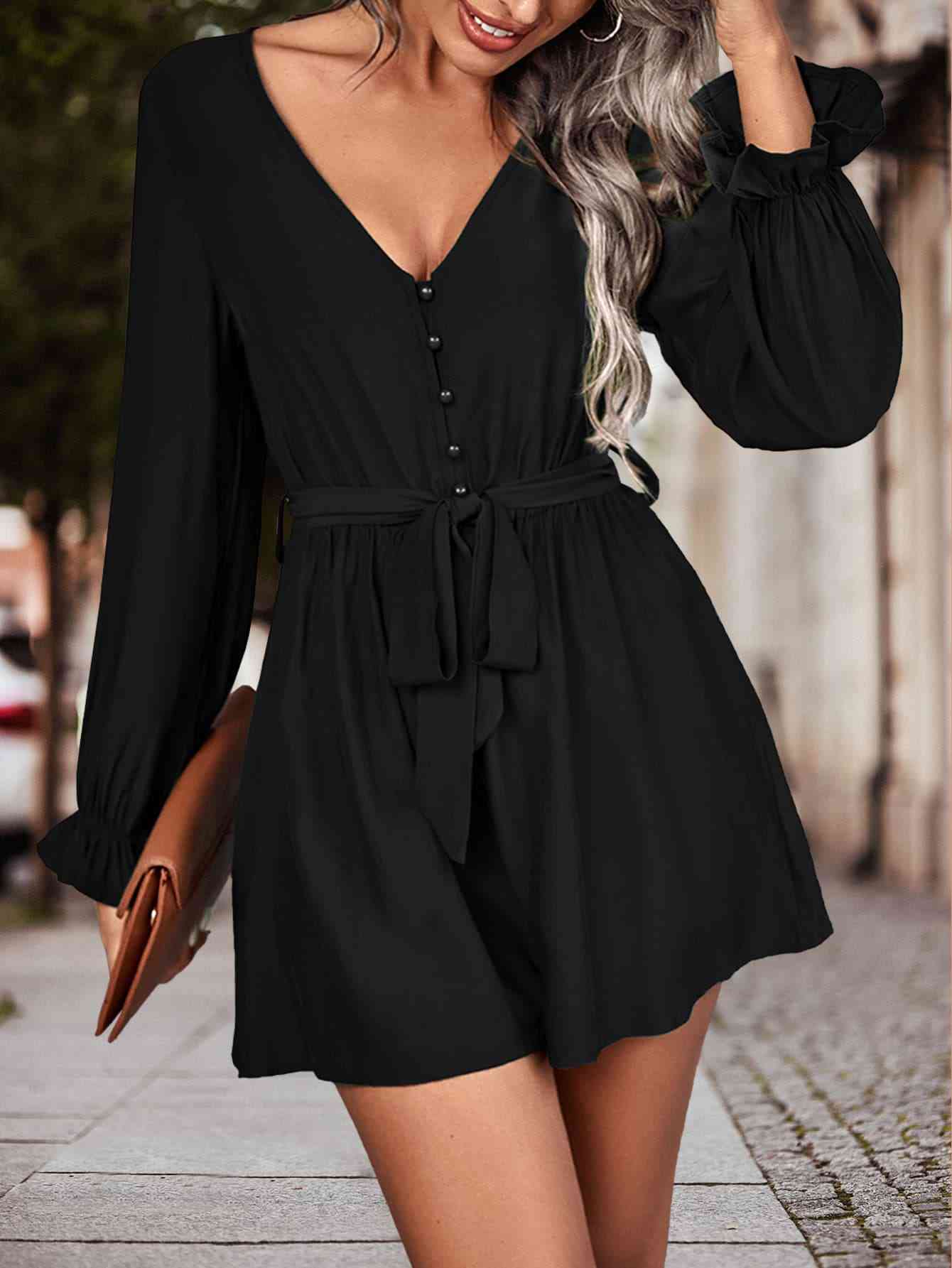 BodatiousJumpers Long Flounce Sleeve V-Neck Romper