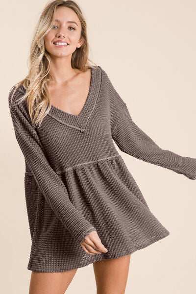 BiBi Waffle Knit V-Neck Babydoll Blouse - Brand BiBi