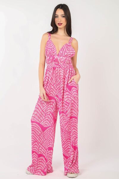 VERY J Printed Pleated Sleeveless Wide Leg Jumpsuit *