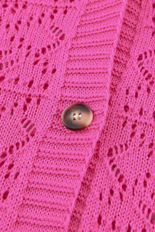Full Size Hot Pink Openwork Button Down Cardigan