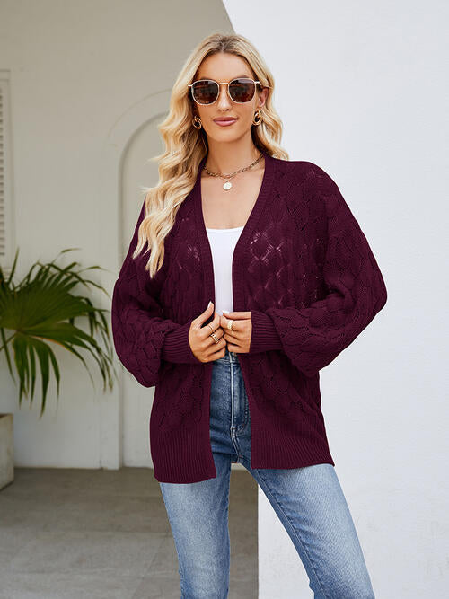 Openwork Open Front Lantern Sleeve Cardigan