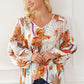White Printed V-Neck Smocked Balloon Sleeve Blouse