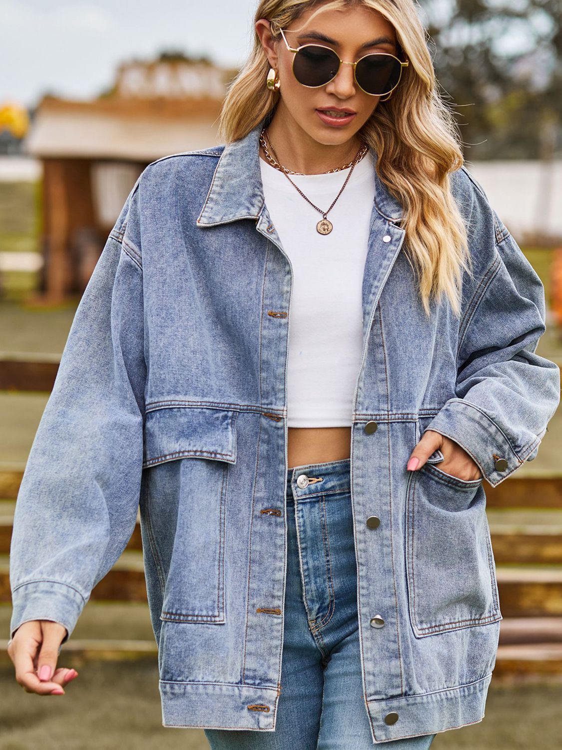 Outer Adventure Full Size Dropped Shoulder Denim Jacket with Pockets