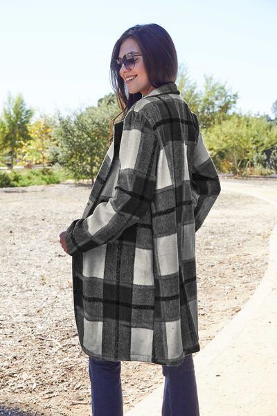 Double Take Full Size Plaid Button Up Lapel Collar Coat *