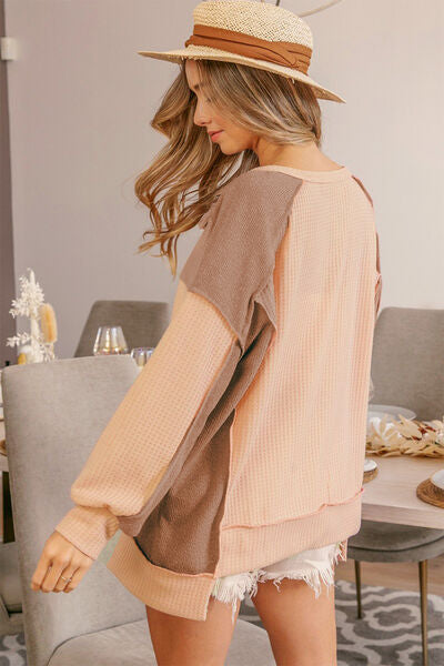 BiBi Half Button Exposed Seam Contrast Waffle Top - Brand BiBi
