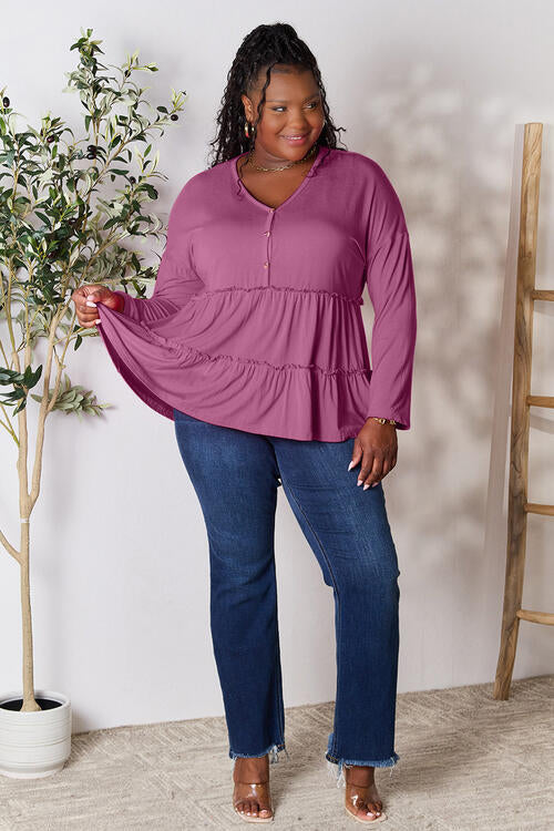 Double Take Half Button Long Sleeve Ruffle Hem Blouse *