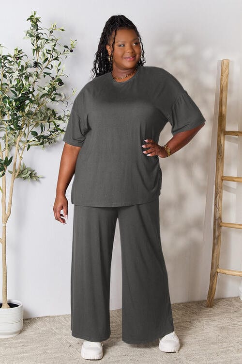 Double Take Full Size Round Neck Slit Top and Pants Set *