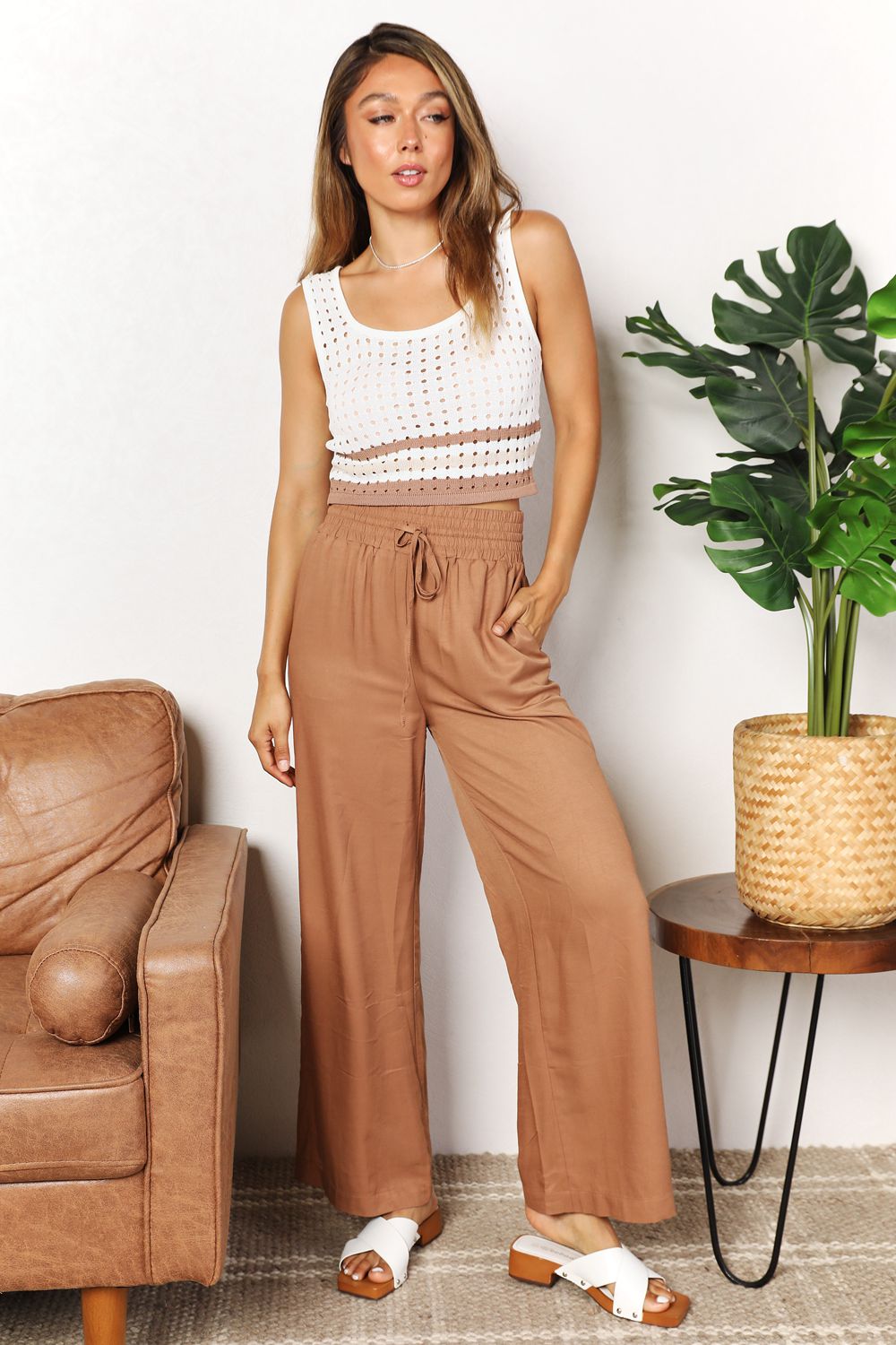 Double Take Drawstring Smocked Waist Wide Leg Pants *