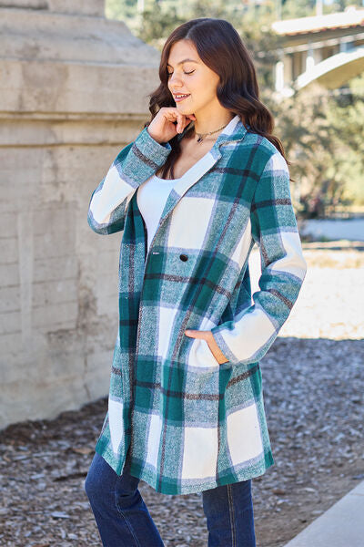 Double Take Full Size Plaid Button Up Lapel Collar Coat *