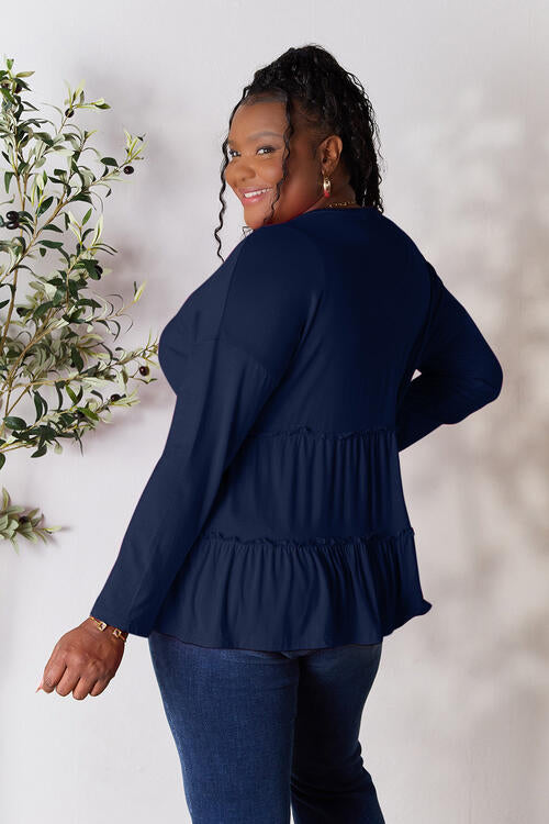 Double Take Half Button Long Sleeve Ruffle Hem Blouse *