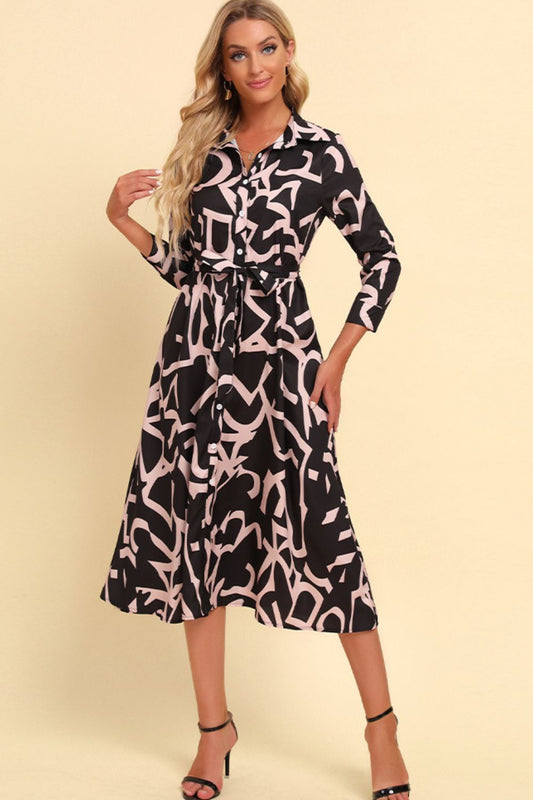 Women's Printed Button Front Belted Midi Dress