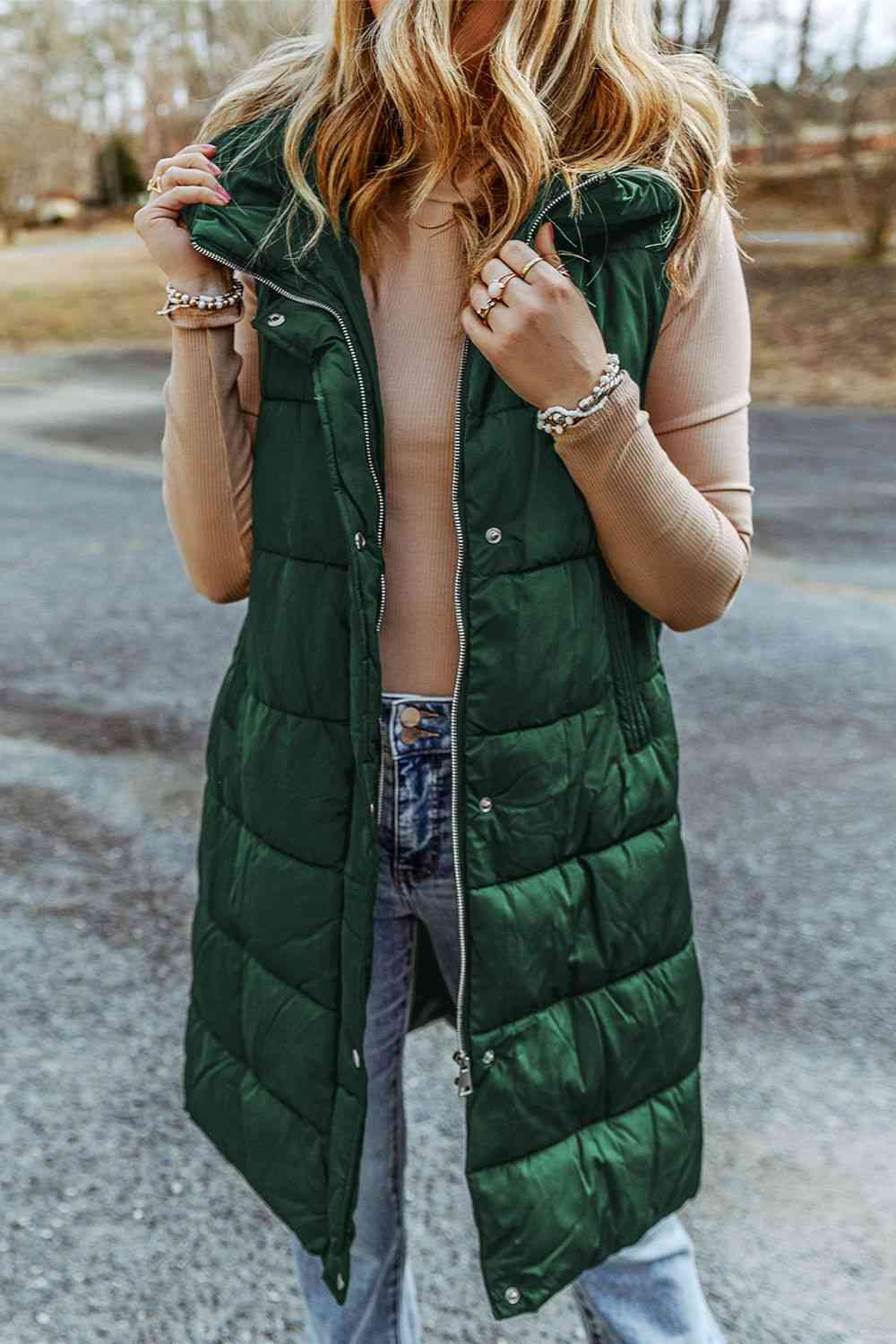 Full Size Longline Hooded Sleeveless Puffer Vest