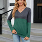 Full Size V-Neck Long Sleeve Two-Tone T-Shirt