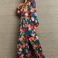 Deep Teal Printed Deep V Slit Pleated Dress