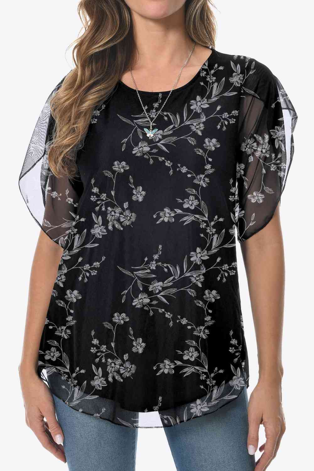 Printed Round Neck Curved Hem Blouse