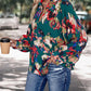 Green Printed Johnny Collar Long Sleeve Blouse