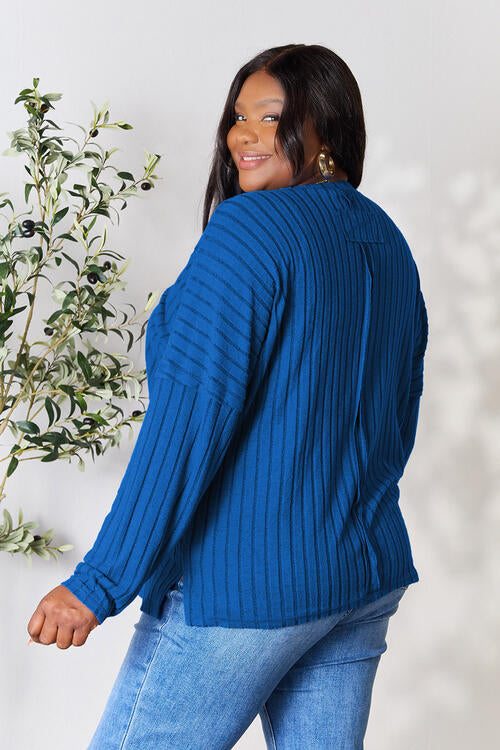 Basic Bae Full Size Ribbed Round Neck Slit Long Sleeve T-Shirt *
