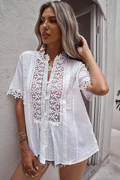 PrettyMe Full Size Crochet Hollow-out Lace Splicing Top