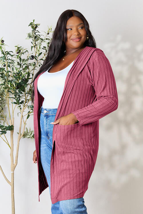 Basic Bae Full Size Ribbed Open Front Long Sleeve Cardigan *