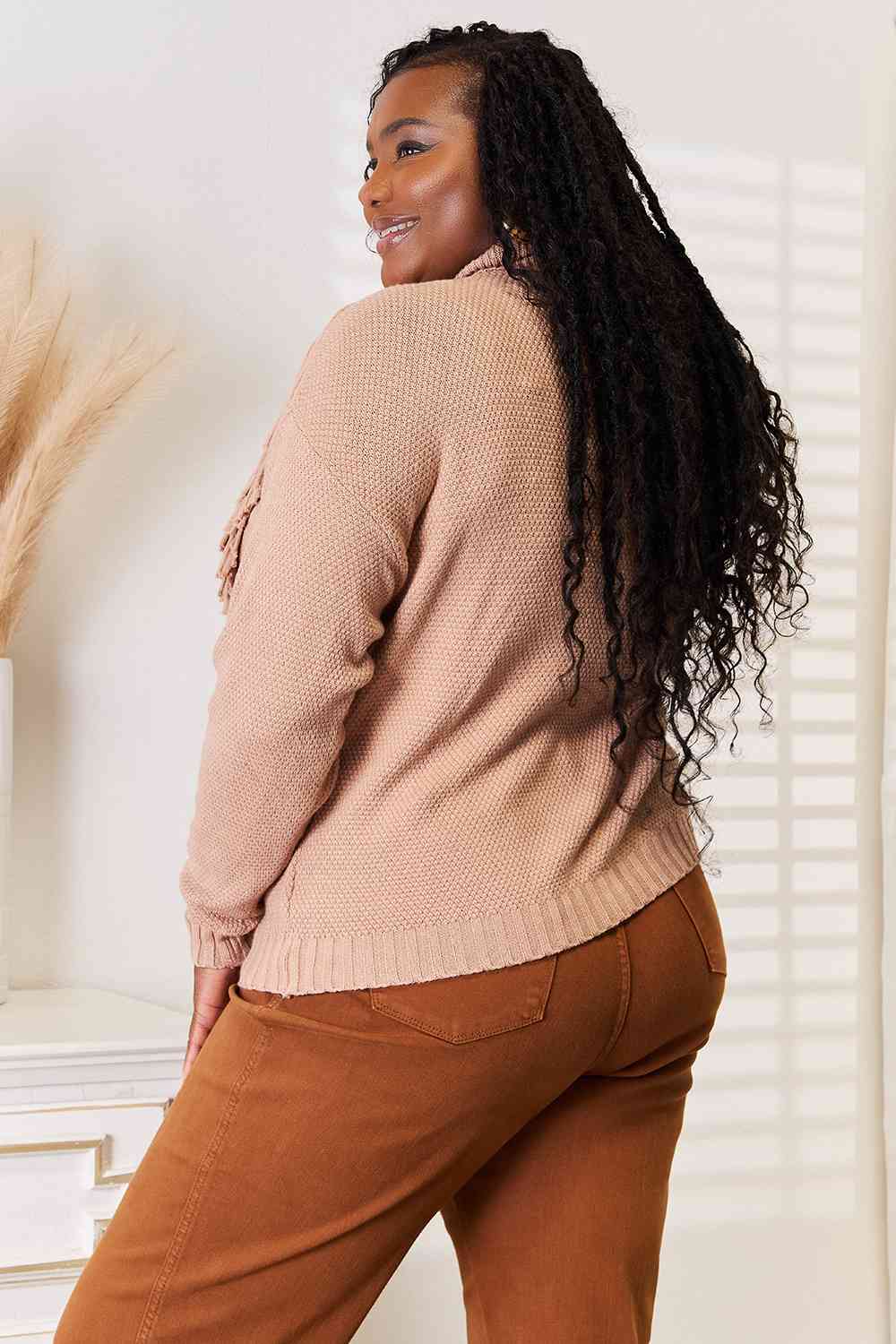 Woven Right Turtleneck Fringe Front Long Sleeve Sweater *