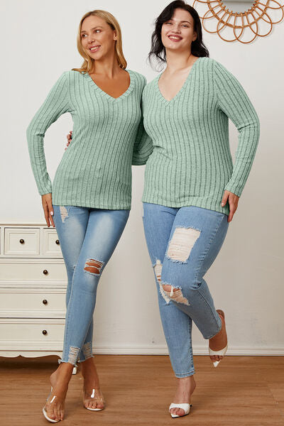Basic Bae Full Size Ribbed V-Neck Long Sleeve T-Shirt *