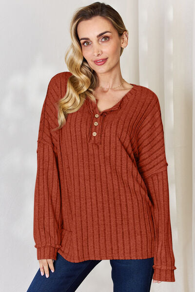 Basic Bae Full Size Ribbed Half Button Long Sleeve T-Shirt *