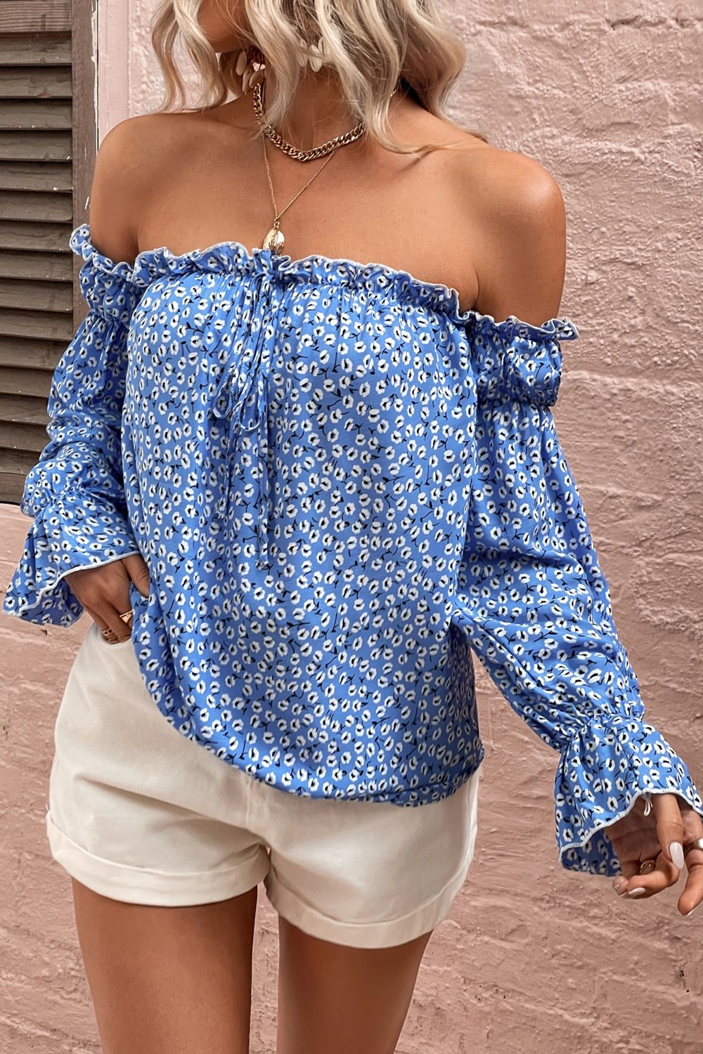 Adelisa & Yehn Off Shoulder Printed Frill Trim Blouse