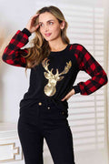 Heimish Full Size Sequin Christmas Reindeer Graphic Plaid Top *