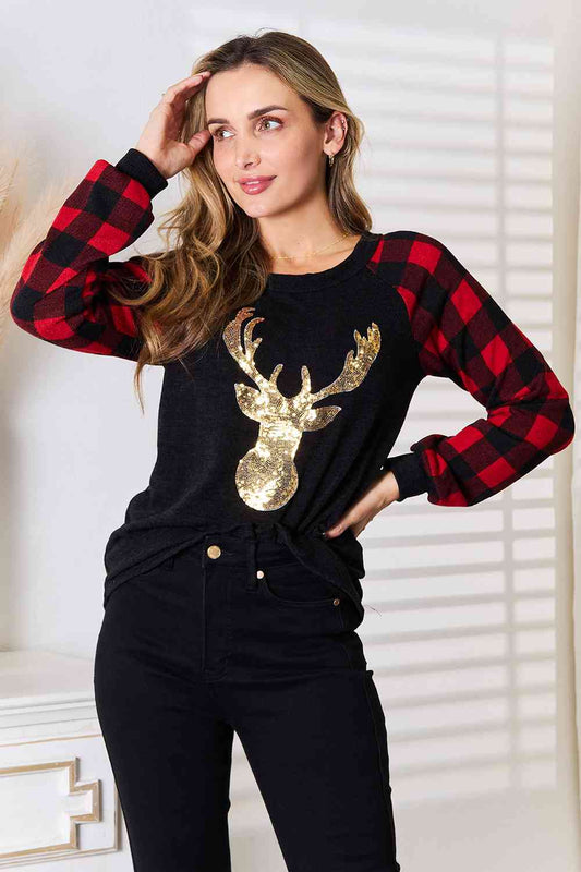 Heimish Full Size Sequin Christmas Reindeer Graphic Plaid Top