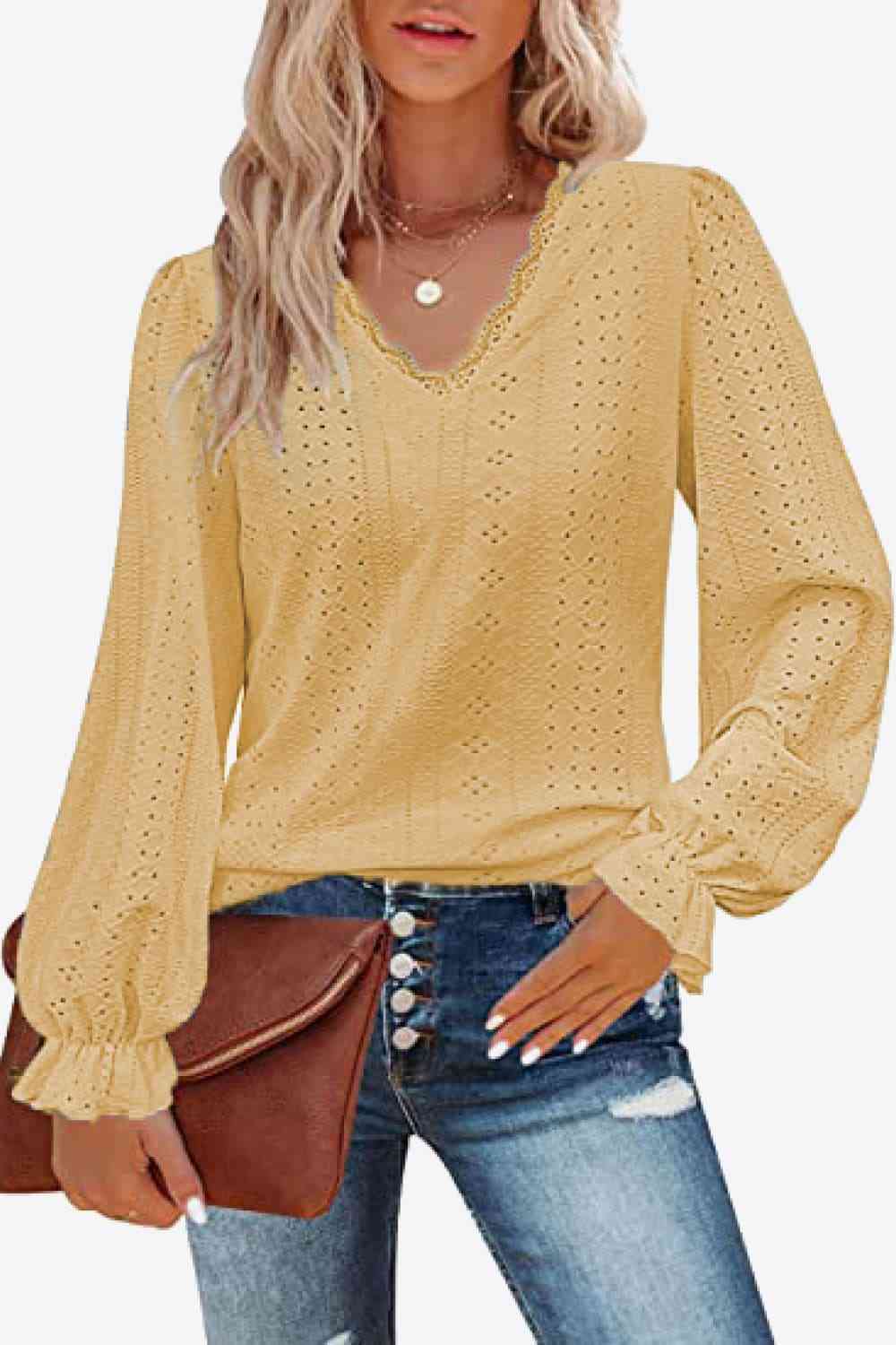 FULL SIZE Eyelet V-Neck Flounce Sleeve Blouse