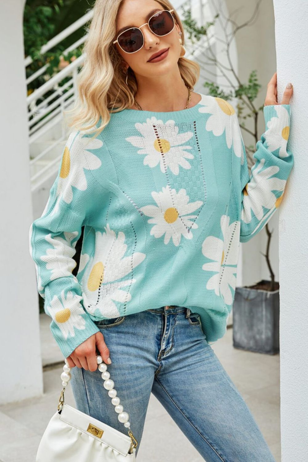 Women's Daisy Print Openwork Round Neck Sweater