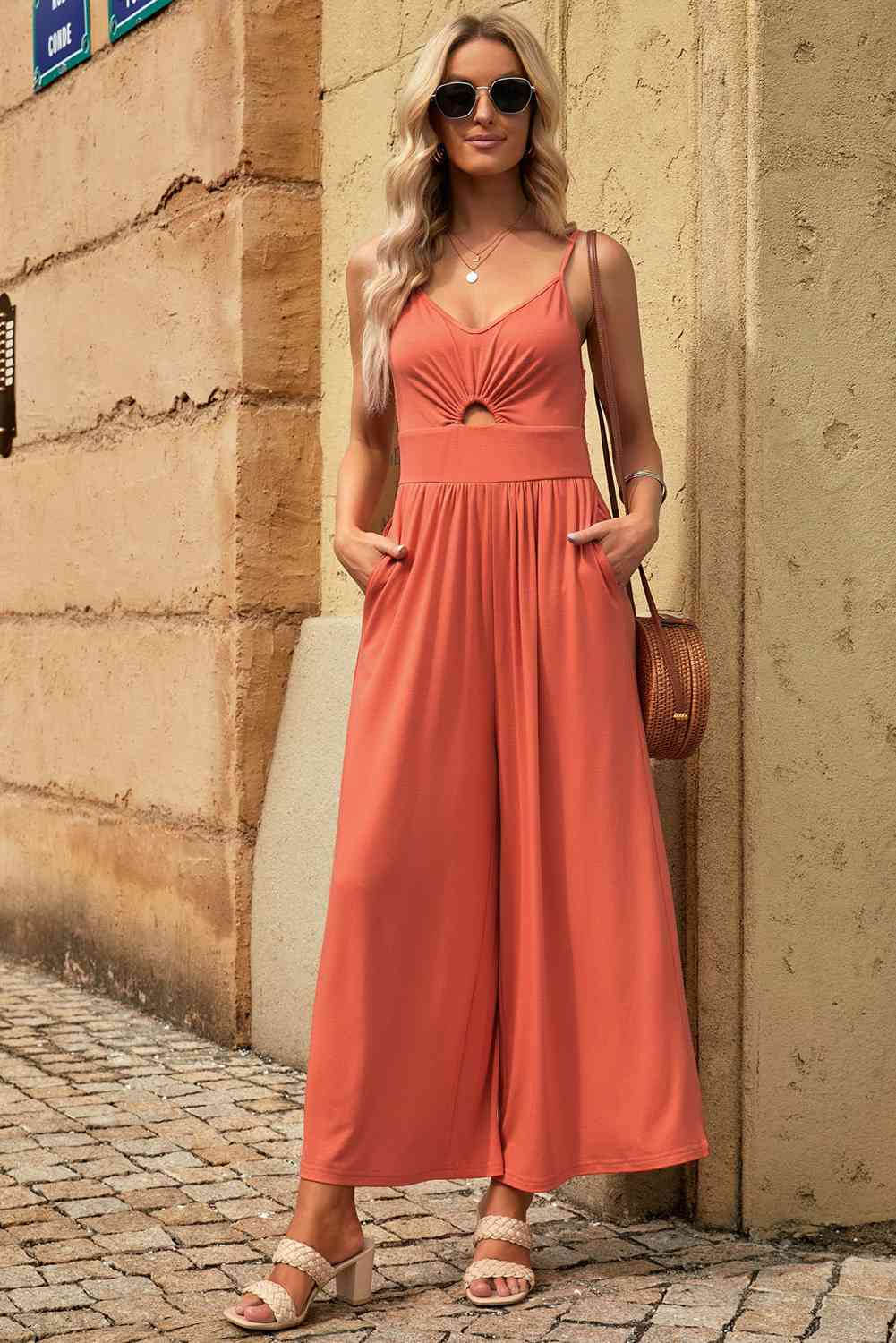 BeautifyJumpers Smocked Spaghetti Strap Wide Leg Jumpsuit