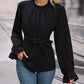 Round Neck Tie Waist Long Sleeve Blouse