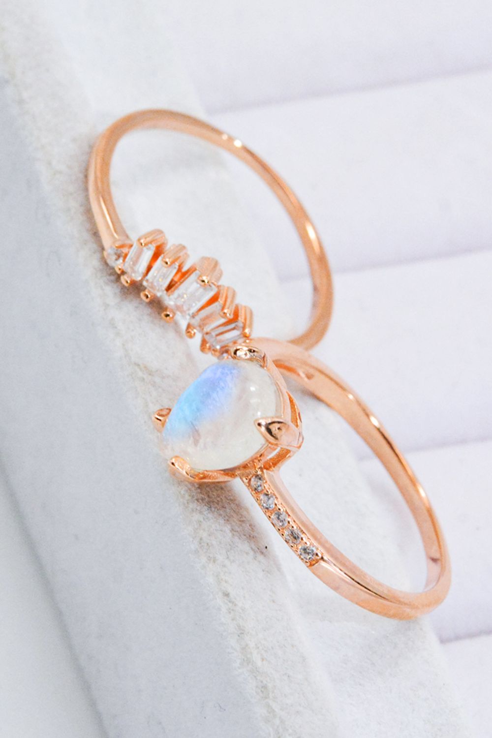 Women's Natural Moonstone and Zircon 18K Rose Gold-Plated Two-Piece Ring Set