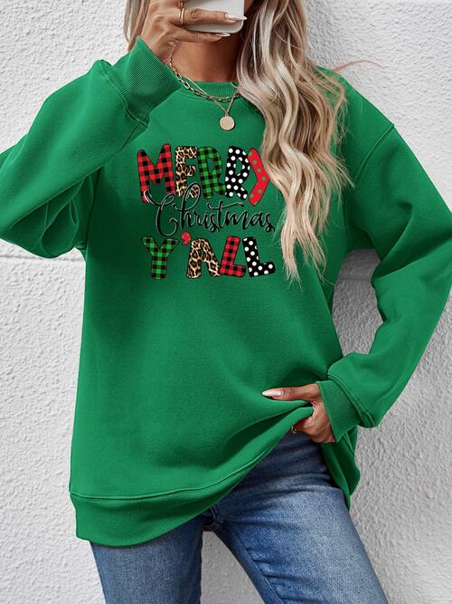 Merry Christmas Ya'll Letter Graphic Round Neck Long Sleeve Sweatshirt