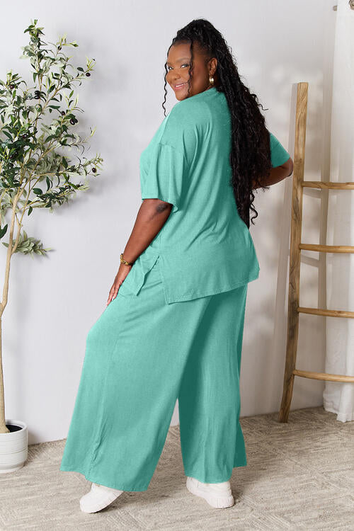Double Take Full Size Round Neck Slit Top and Pants Set *