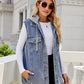 Drawstring Pocketed Button Up Sleeveless Denim Jacket