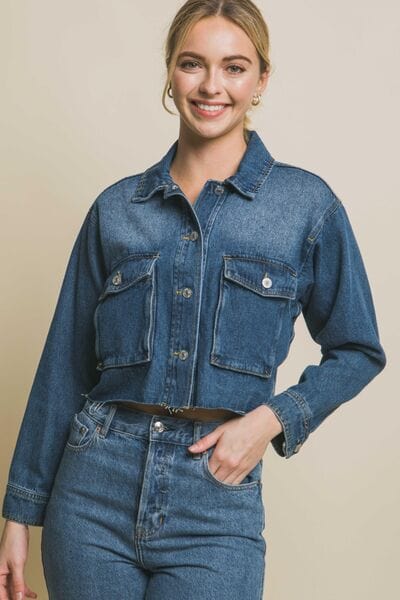 LOVE TREE Raw Hem Button Up Cropped Denim Jacket *