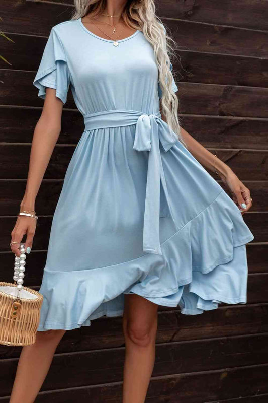 FULL SIZE Tie Waist Petal Sleeve Ruffle Hem Dress