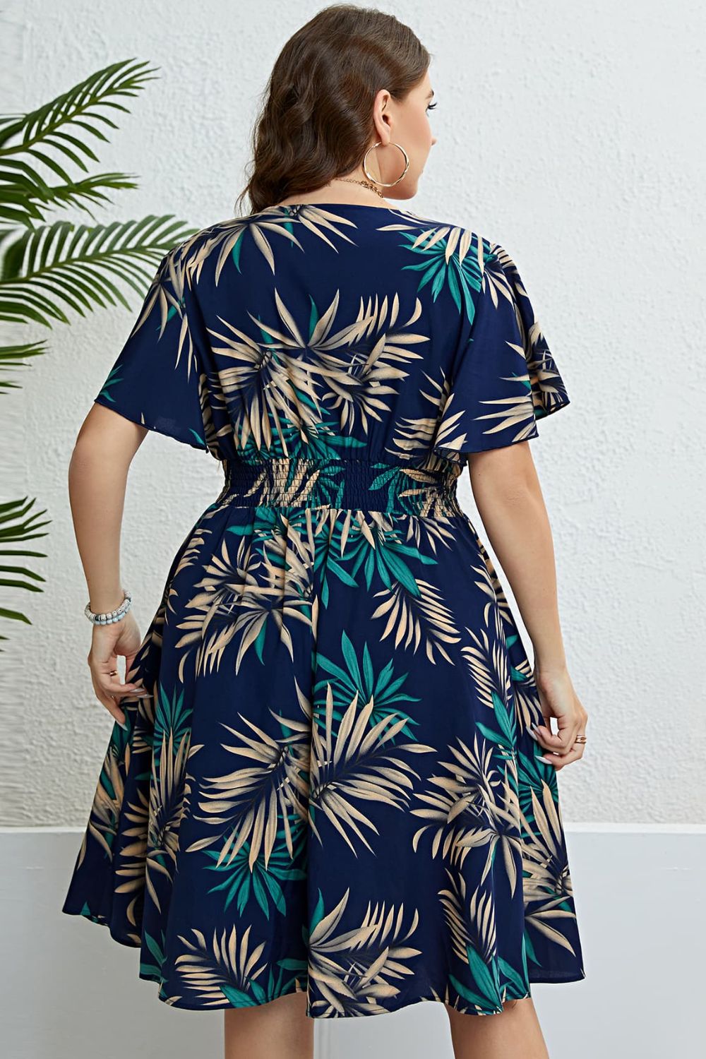 Plus Size Botanical Print Flutter Sleeve Smocked Waist Dress