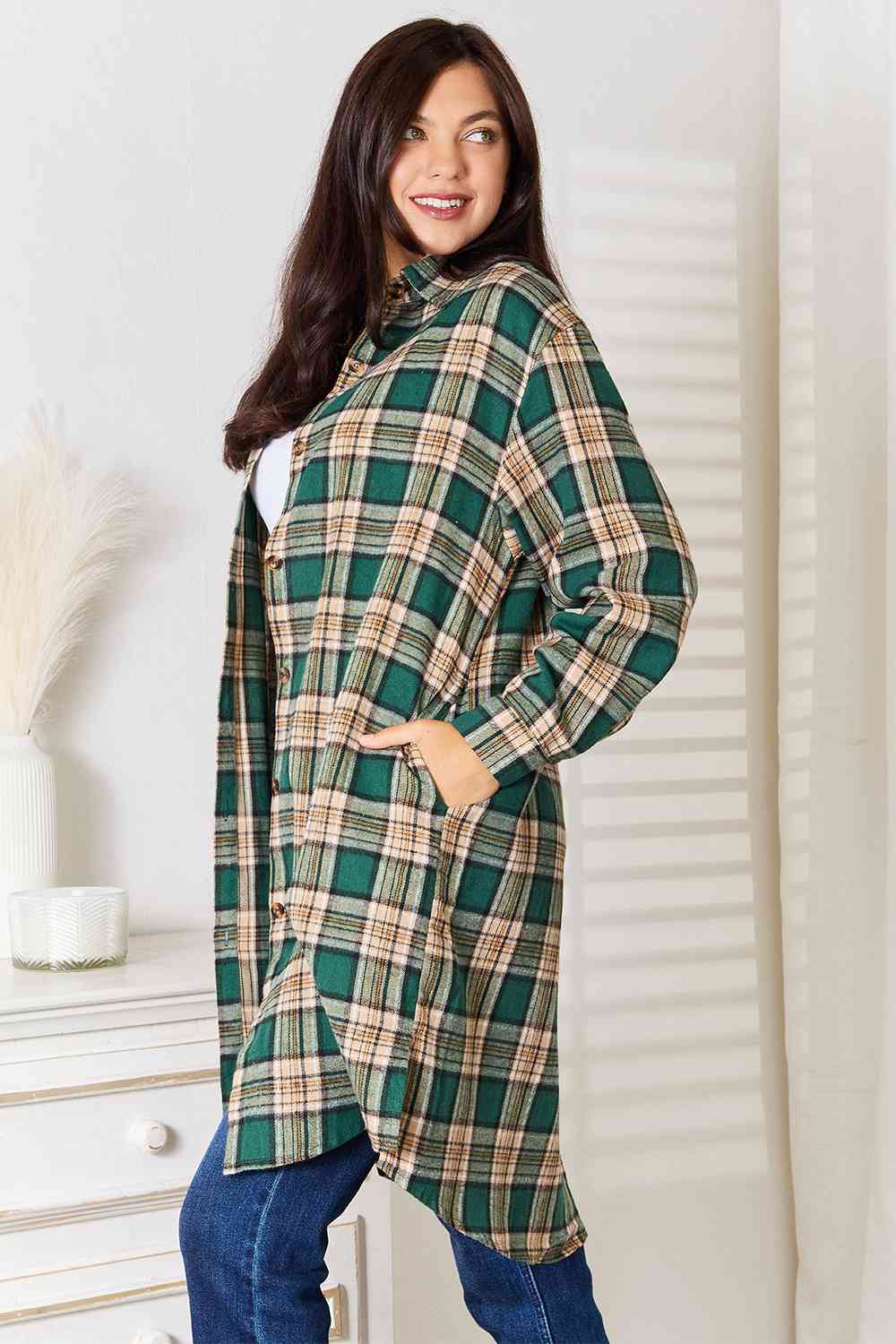 Double Take Plaid Collared Neck Long Sleeve Shirt *