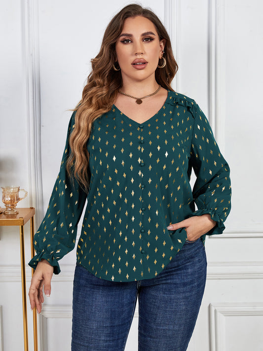 Beauteous Plus Size Printed Frill Trim Flounce Sleeve Blouse