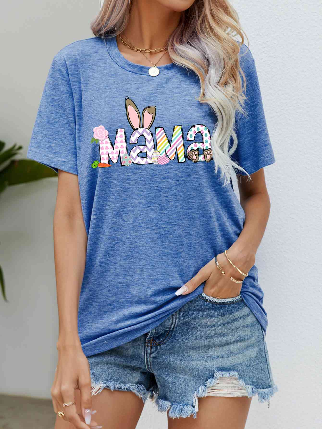 Seasonal Easter MAMA Graphic Round Neck T-Shirt