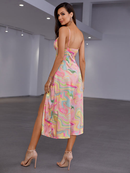 Double Crazy Multi Abstract Print Tied Split Cami Dress