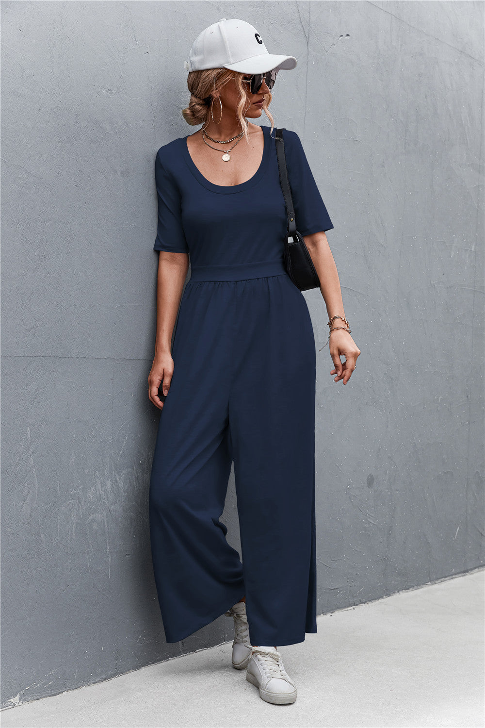 Women's Scoop Neck Half Sleeve Wide Leg Jumpsuit