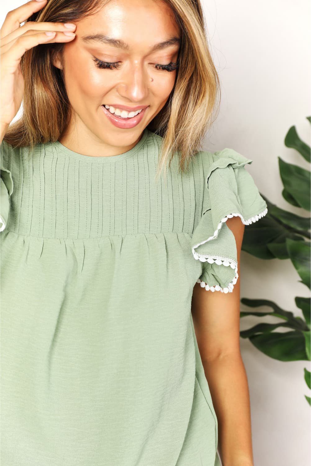 Double Take Gum Leaf Pleated Detail Flutter Sleeve Blouse