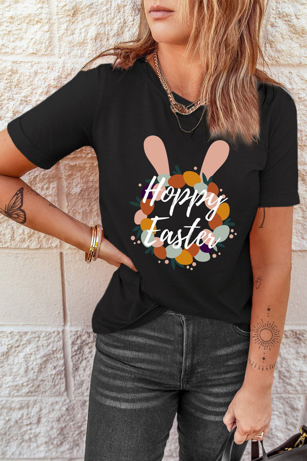 Women's Full Size HAPPY EASTER Graphic Black T-Shirt