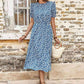 Blue Full Size Floral Round Neck Split Midi Dress
