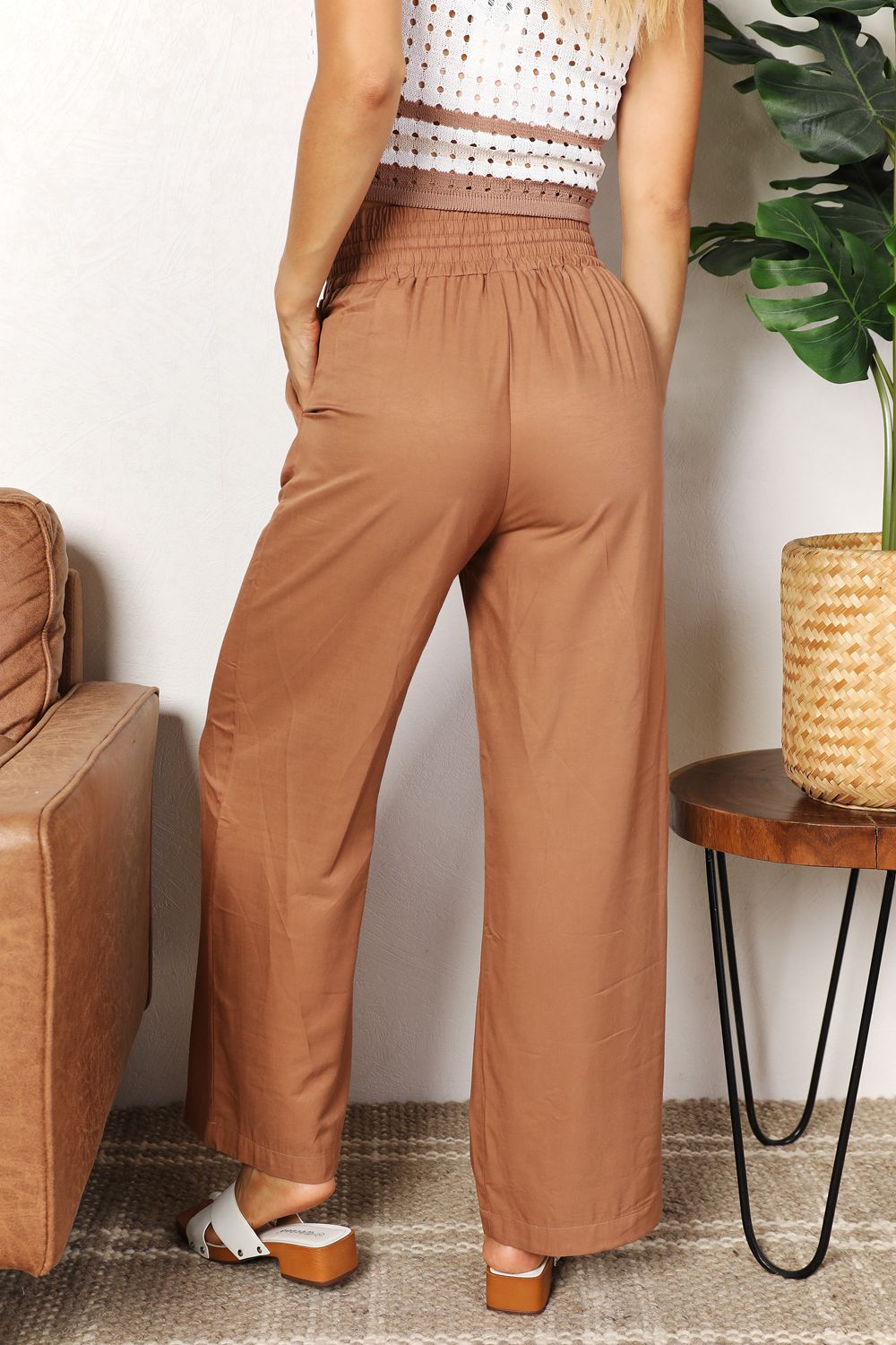 Double Take Drawstring Smocked Waist Wide Leg Pants *