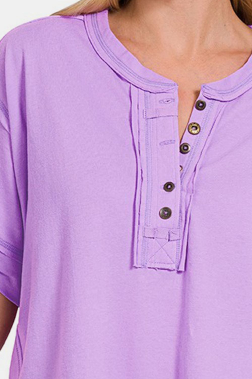 Zenana Exposed Seam Half Button Short Sleeve Top *